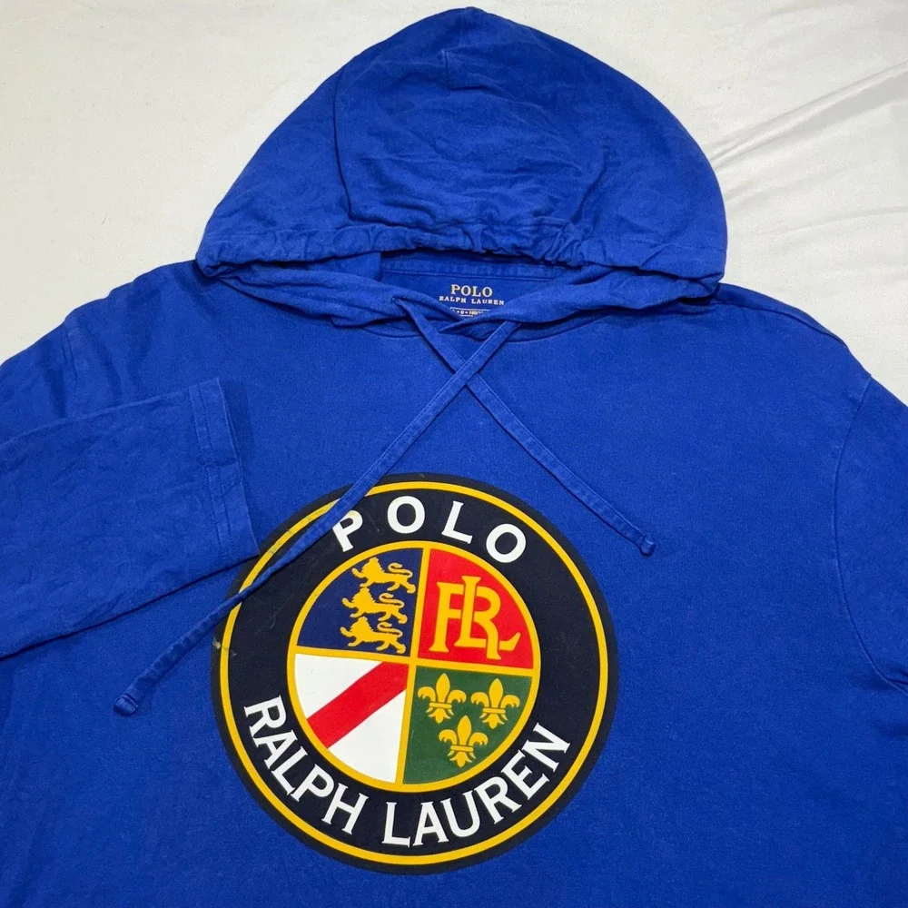 Polo Ralph Lauren Hooded T-Shirt Mens Large Blue Crest Graphic Classic Fit Shirt